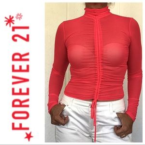 FOREVER 21 NEON CORAL LONG SLEEVED SHEER TOP NWT SMALL